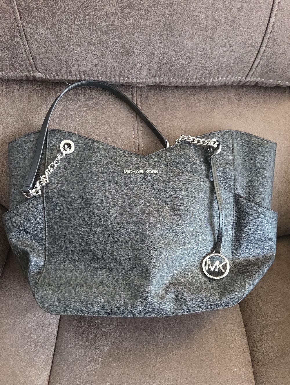 Michael Kors Black MK Monogram Chain-Handle Tote